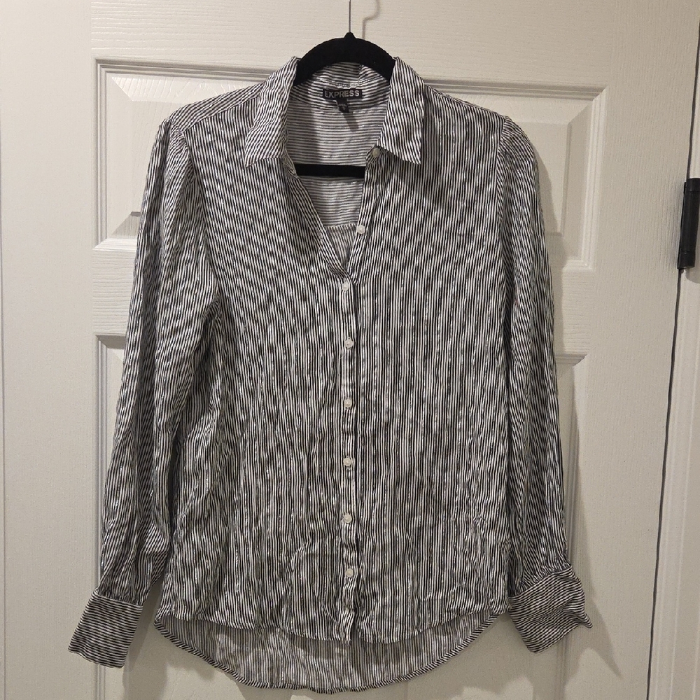 Women's Silver, Black and White Striped Button Down Shirt